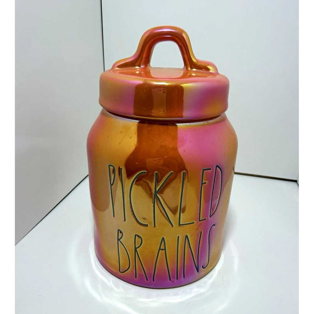 Rae Dunn "PICKLED BRAINS" Orange Iridescent Canister w/ Lid